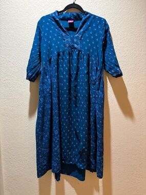 Blue Patterned V-Neck Women’s Dress